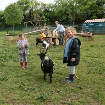 Quatre enfants donnent à manger aux chèvre avec leur animateur que caresse le bouc