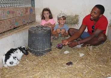 Deux enfants, leur animateur et un lapin sont dans un enclos