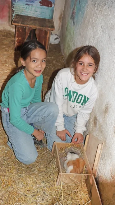 Deux enfants caressent un cochon d'inde
