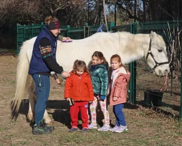 un groupe d'enfants et leur animatrice posent devant un cheval