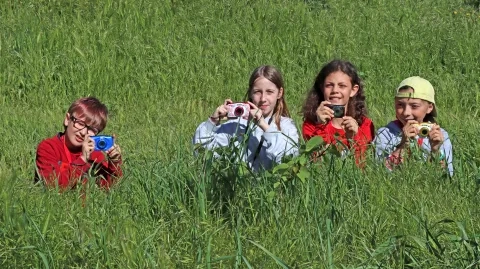 Un groupe d'enfants sont dans les herbes hautes avec des appareils photos à la main
