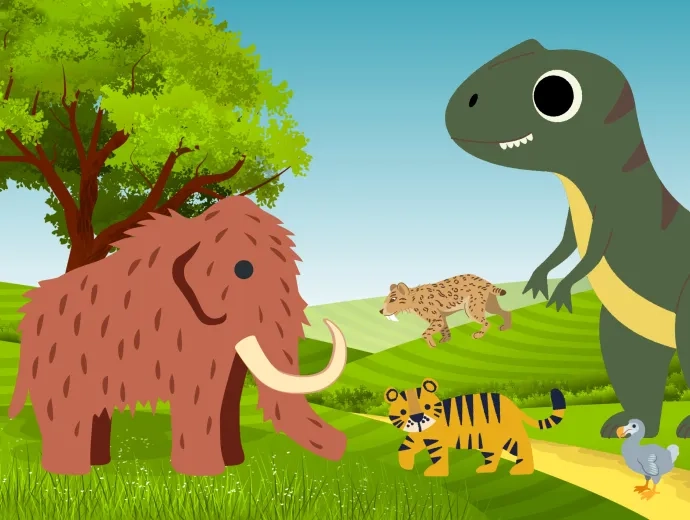 illustration d'un mammouth, un tigre, un tigre à dents de sabre et un T-Rex