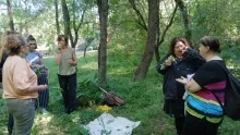 Les participantes sentent des feuilles de plantes