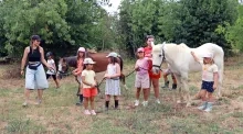un groupe d'enfants et leurs animatrices posent avec deux chevaux