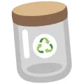 Illustration d'un bocal en verre avec un couvercle en bois et une étiquette du logo du recyclage des déchets représenté par trois flèches formant un cycle