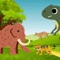 illustration d'un mammouth, un tigre, un tigre à dents de sabre et un T-Rex