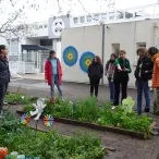 Un adulte présente le jardin pédagogique d'une école à un groupe d'adultes 